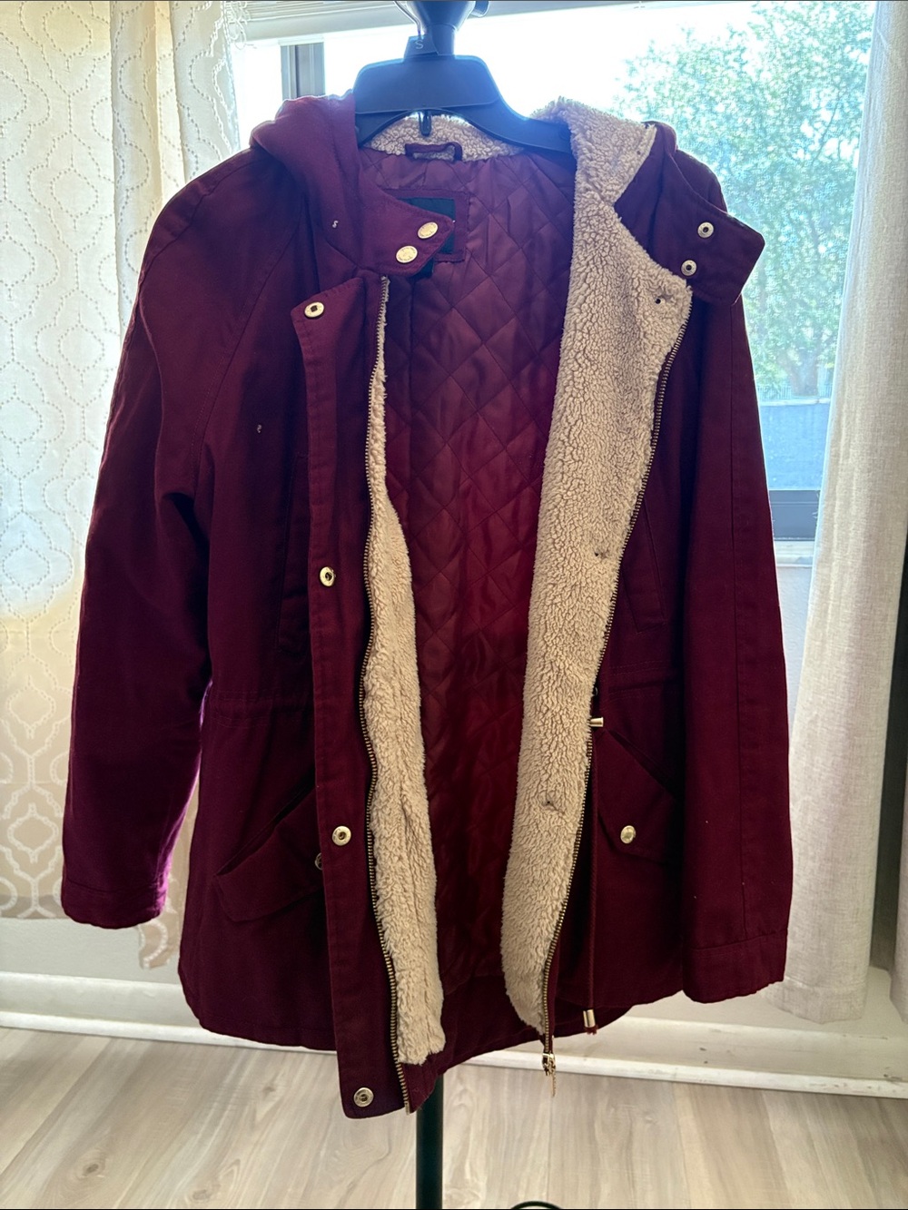 Collection B Quilted-Lined Hooded Utility Jacket in Wine